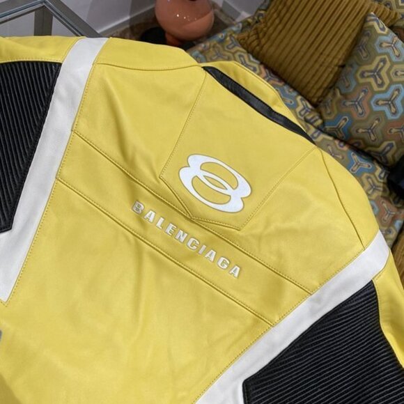 Balenciaga Racer Oversized Distressed Panelled Leather Jacket – Signal Yellow - Picture 4 of 9